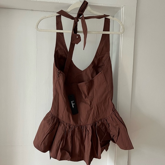 Lulu's Chocolate Brown Halter Top with Ruffle Hem - Picture 2 of 3